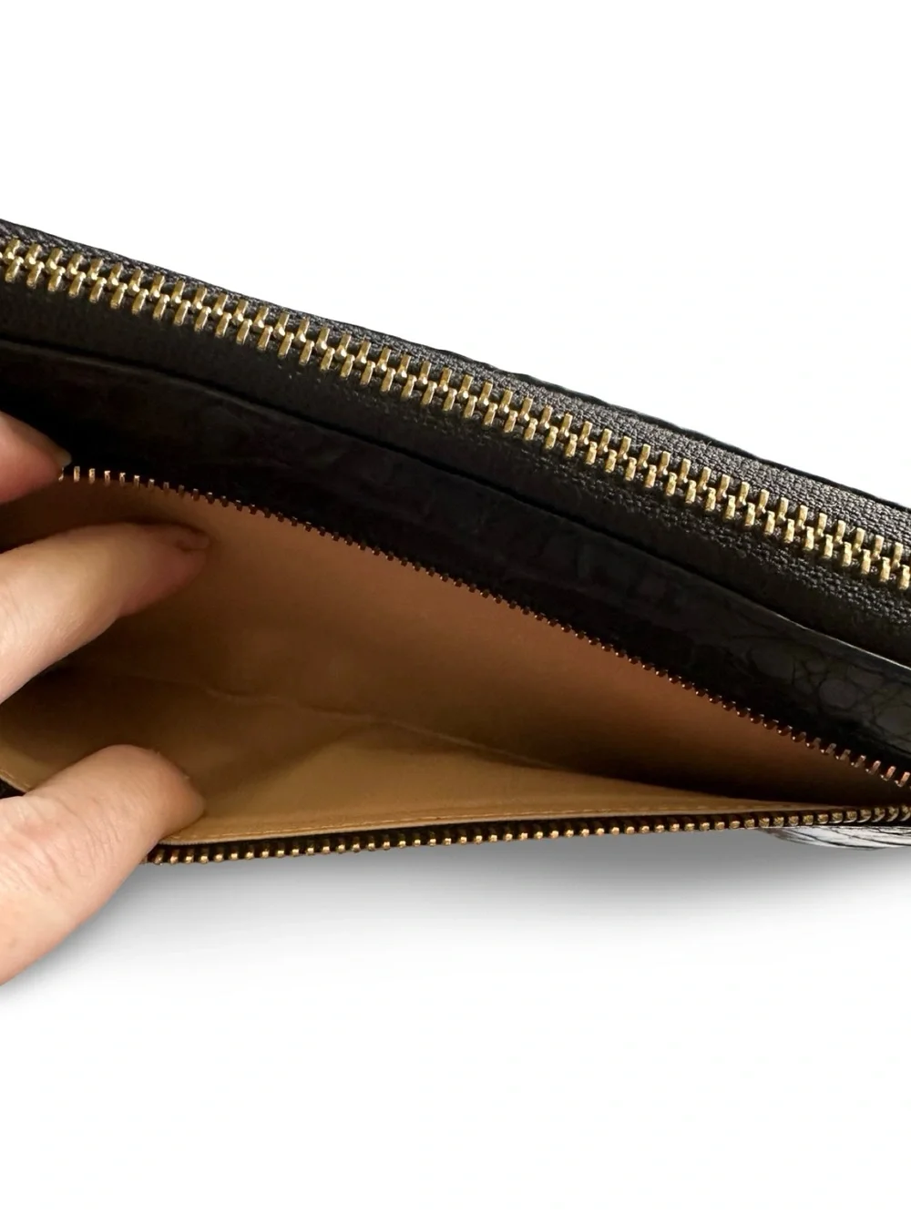 Black Leather Croc-Embossed Zip Around Wallet